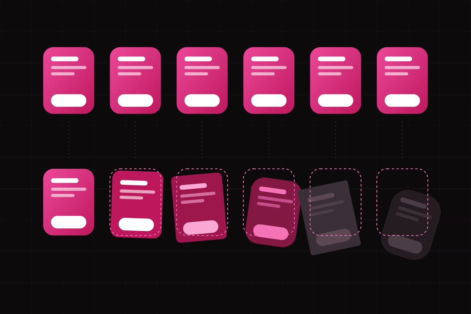 A row of six identical amaranth components above, and below it six copies that tilt, shift and fade further each time, each with a dashed outline of the original over it