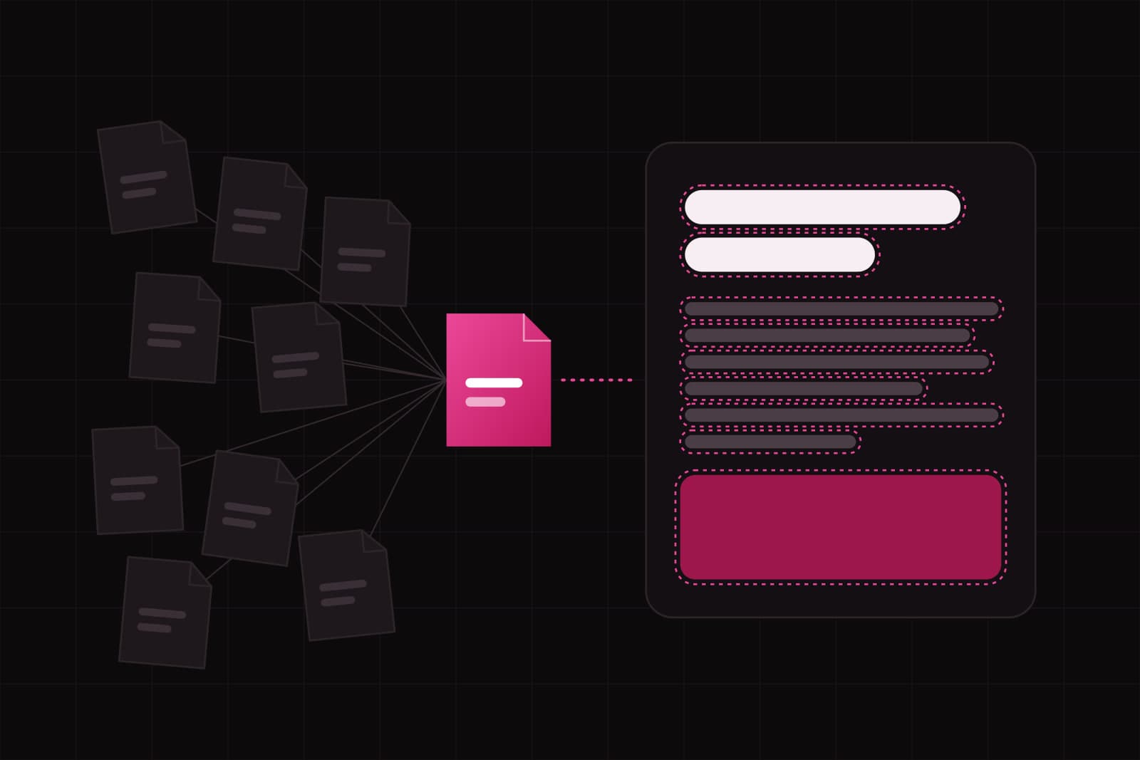 A scattered heap of grey files joined by lines into one lit file, which feeds a text panel whose lines sit exactly inside their dashed outlines