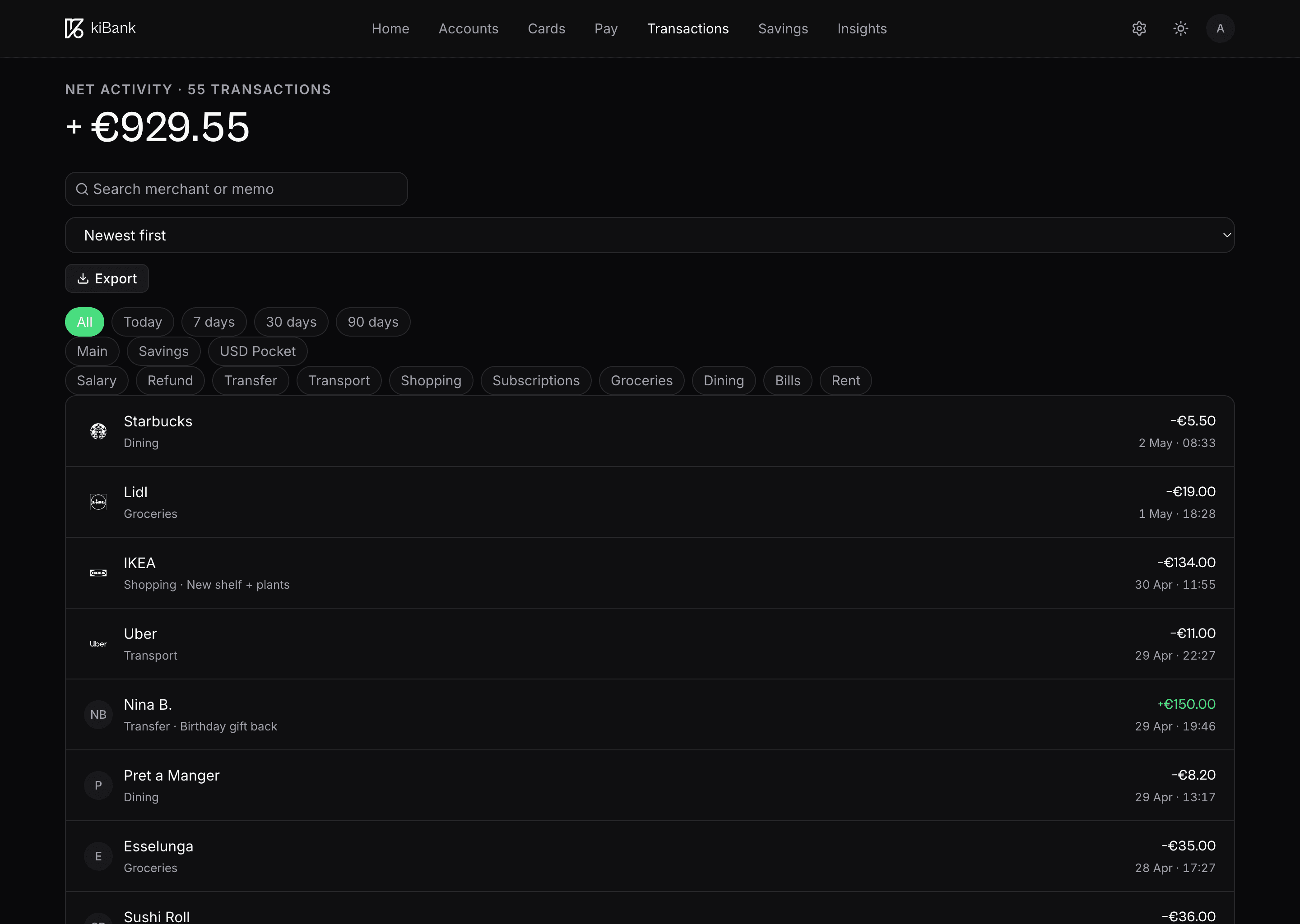 kiBank Transactions on desktop with net activity, time and category filters, search and a chronological merchant list.