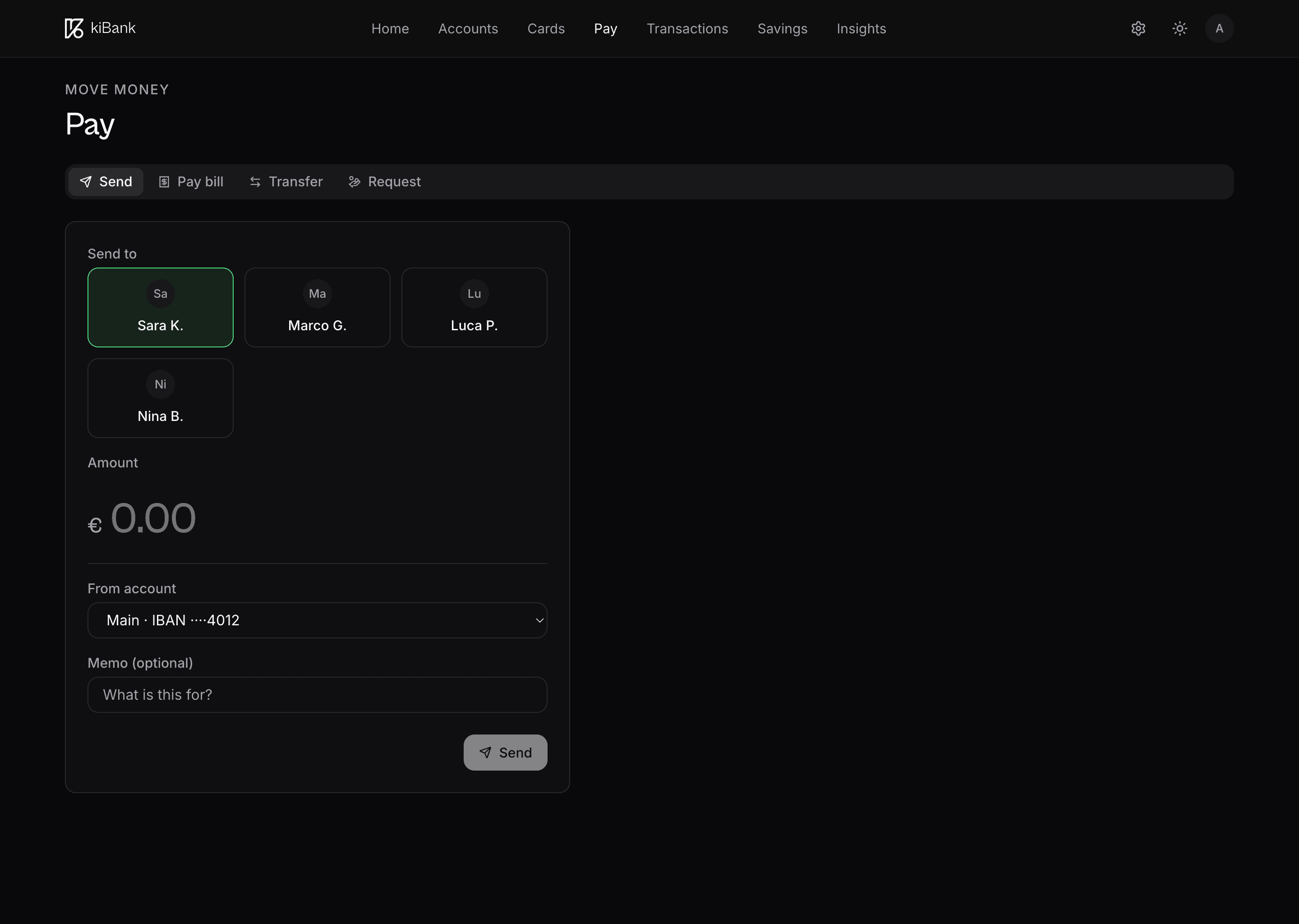 kiBank Pay flow on desktop, sending money to a saved contact with amount field, source account selector and optional memo.