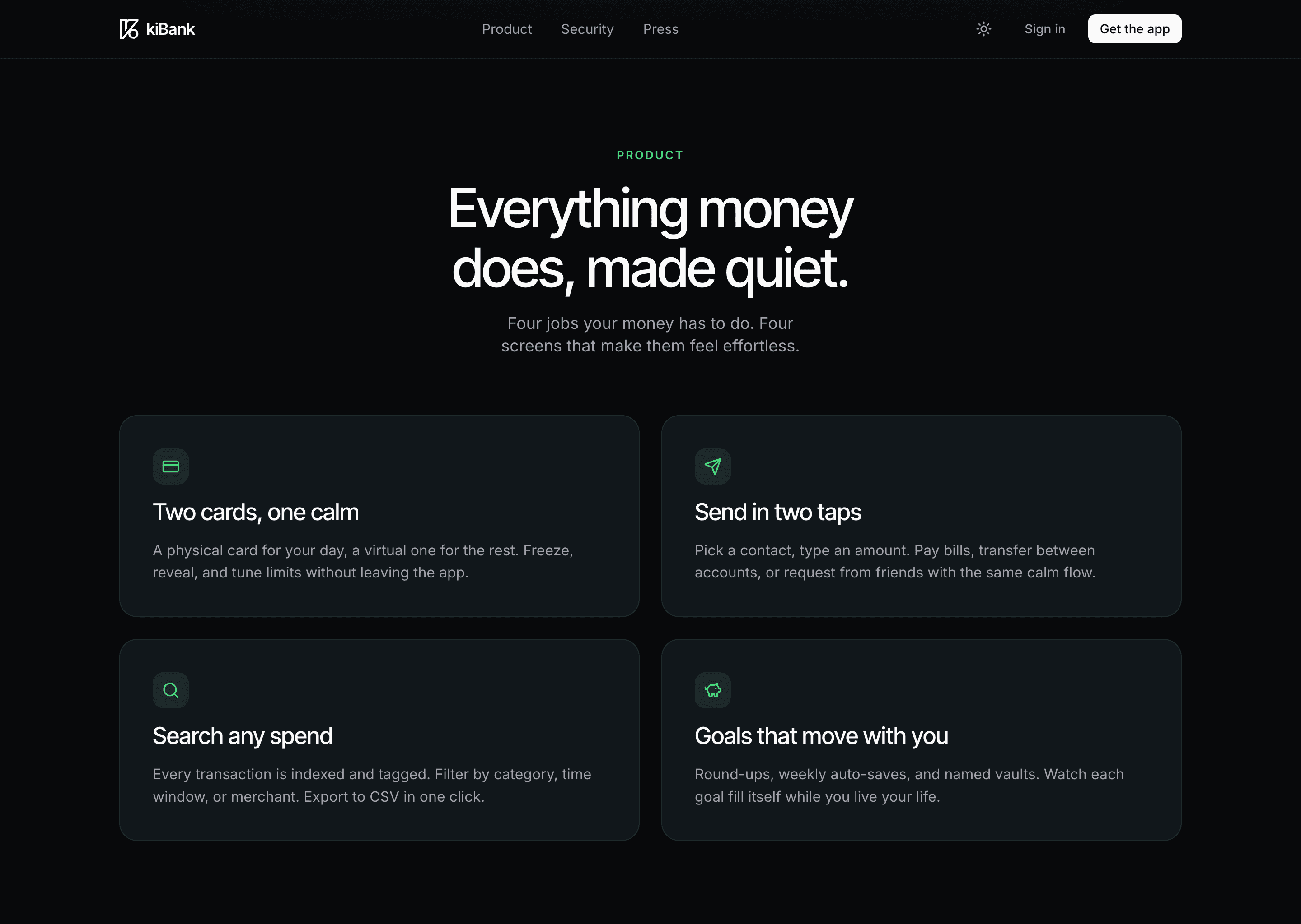 kiBank product features grid: Two cards one calm, Send in two taps, Search any spend, Goals that move with you.