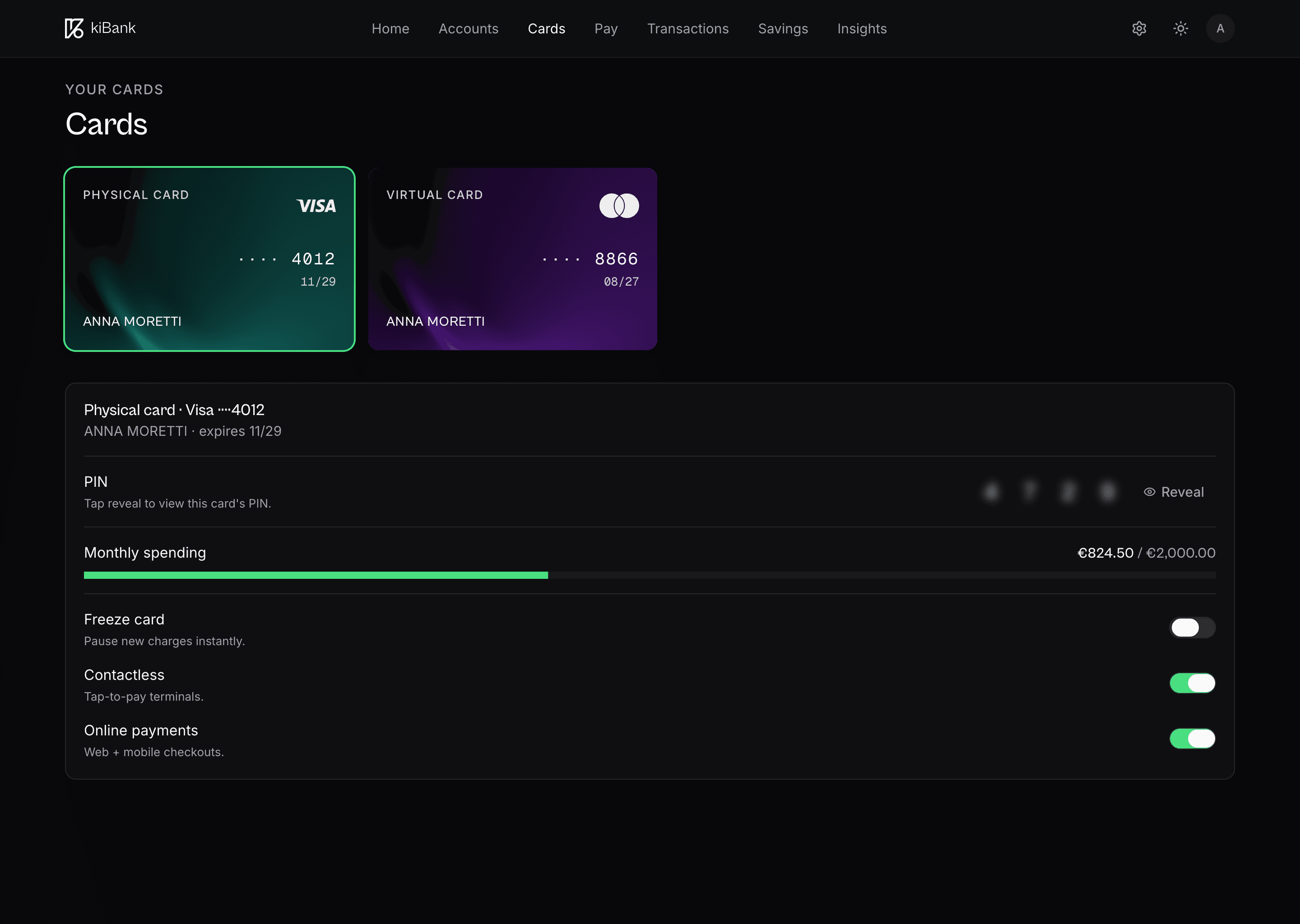 kiBank Cards page on desktop with physical and virtual cards, PIN reveal, monthly spending bar and toggles for freeze, contactless and online payments.