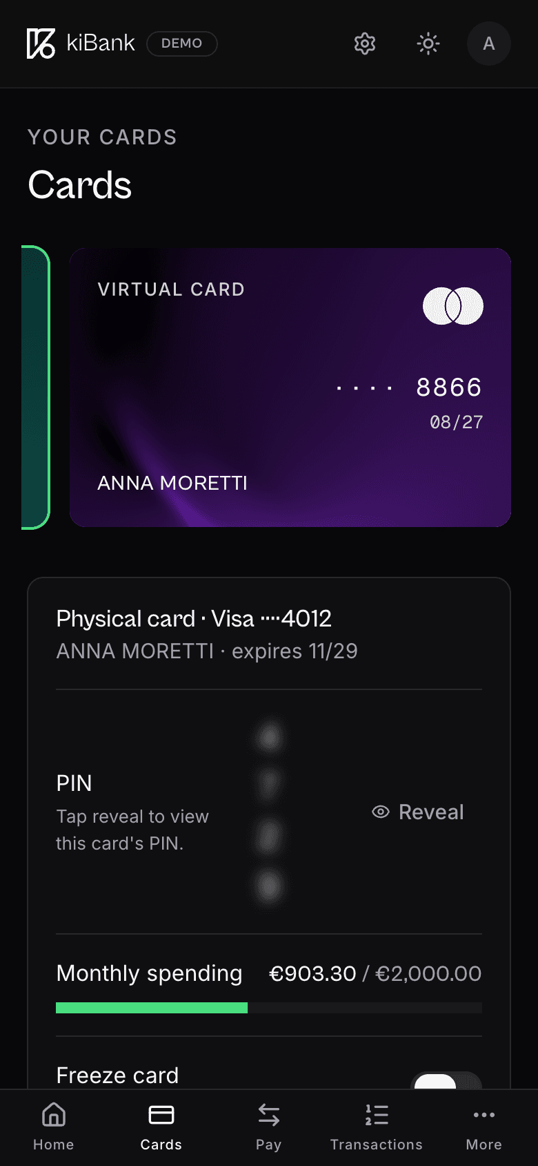 kiBank Cards on mobile showing the virtual card, physical card details, PIN reveal and monthly spending progress.