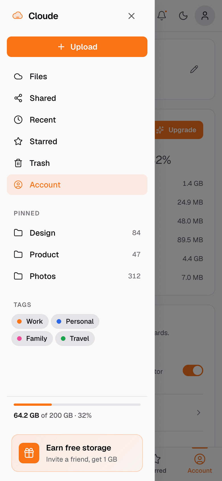 Cloude mobile navigation drawer open over the Account screen. Drawer shows the brand mark, an Upload button, primary destinations Files, Shared, Recent, Starred, Trash, Account, pinned folders Design, Product, Photos with file counts, and tag chips Work, Personal, Family, Travel. Storage meter and Earn free storage card at the bottom.
