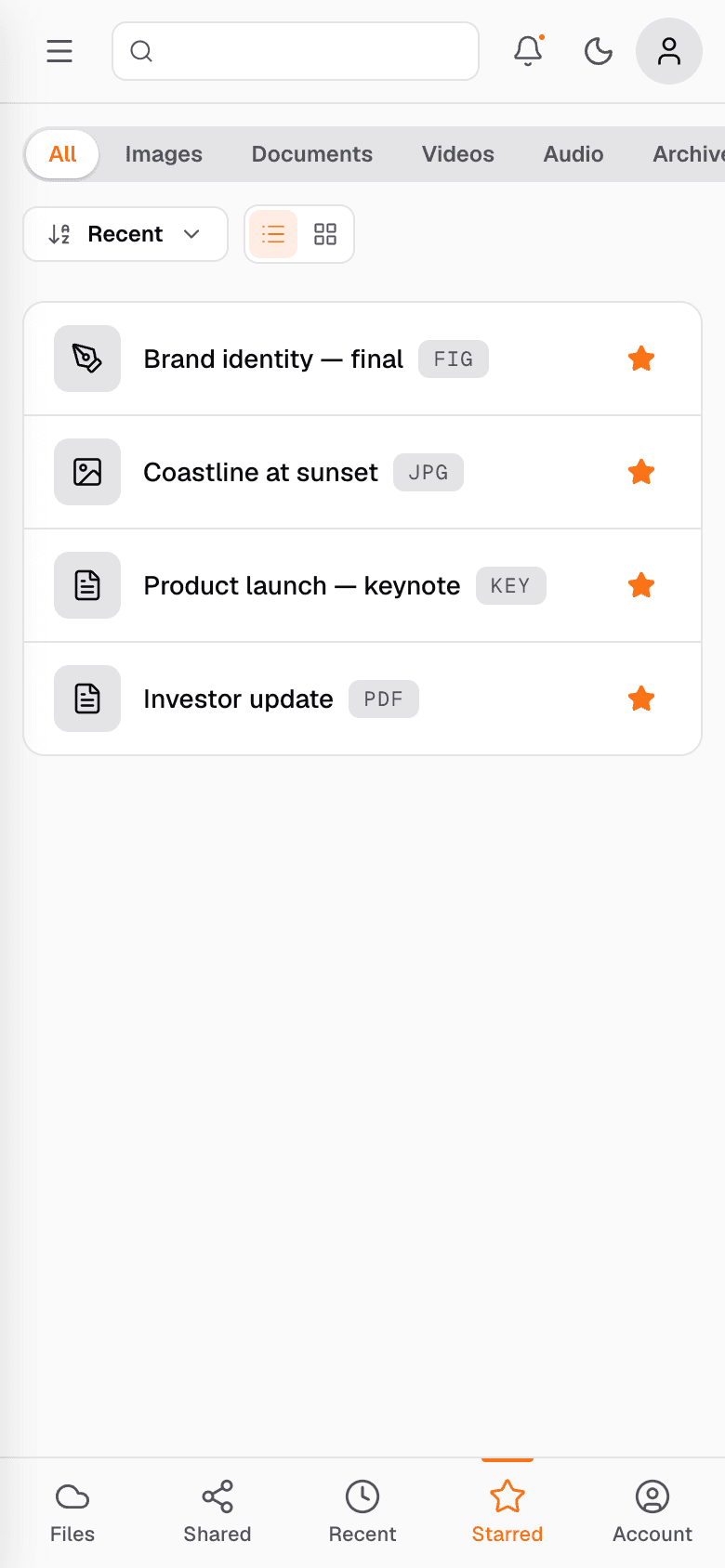 Cloude mobile Starred screen. Four starred items: Brand identity FIG, Coastline at sunset JPG, Product launch keynote KEY, Investor update PDF. Each row shows type icon, filename, format badge and a filled star. Bottom tab bar with Starred active.
