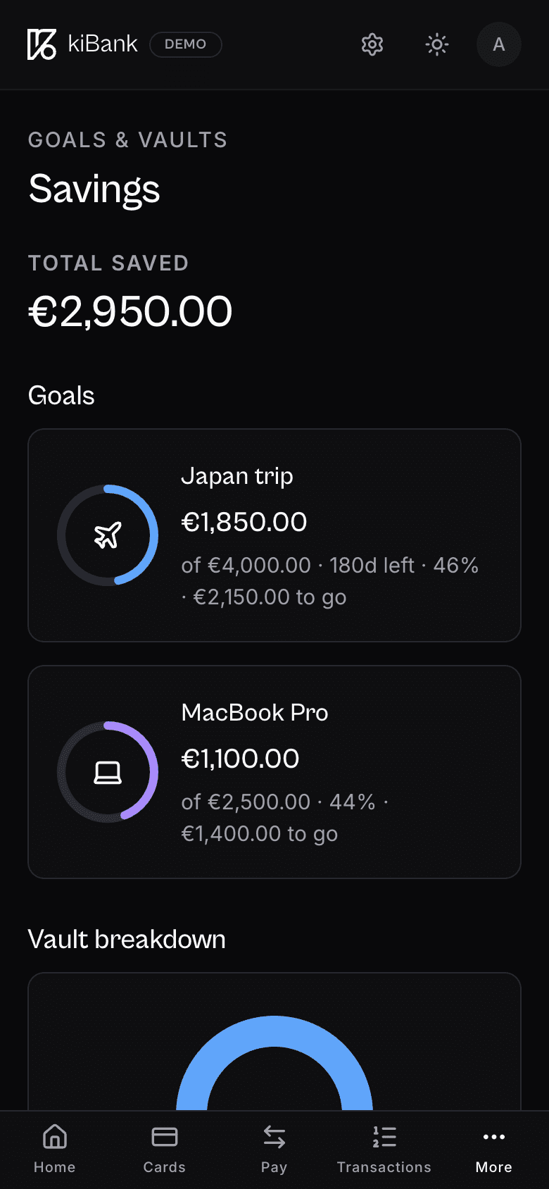 kiBank Savings on mobile in dark mode with goals, total saved and vault breakdown.