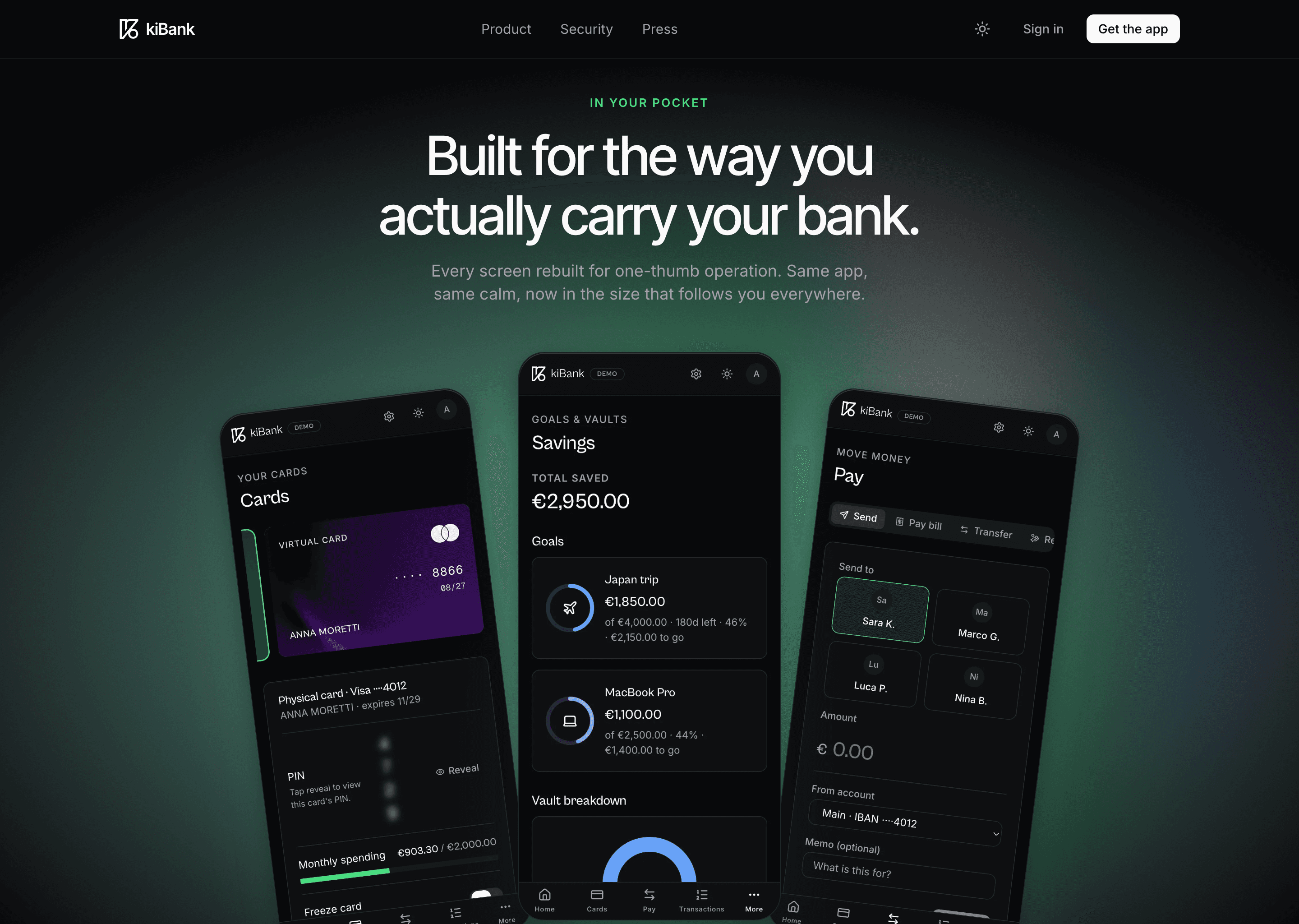 kiBank mobile showcase with Cards, Savings and Pay screens displayed on three phone mockups.