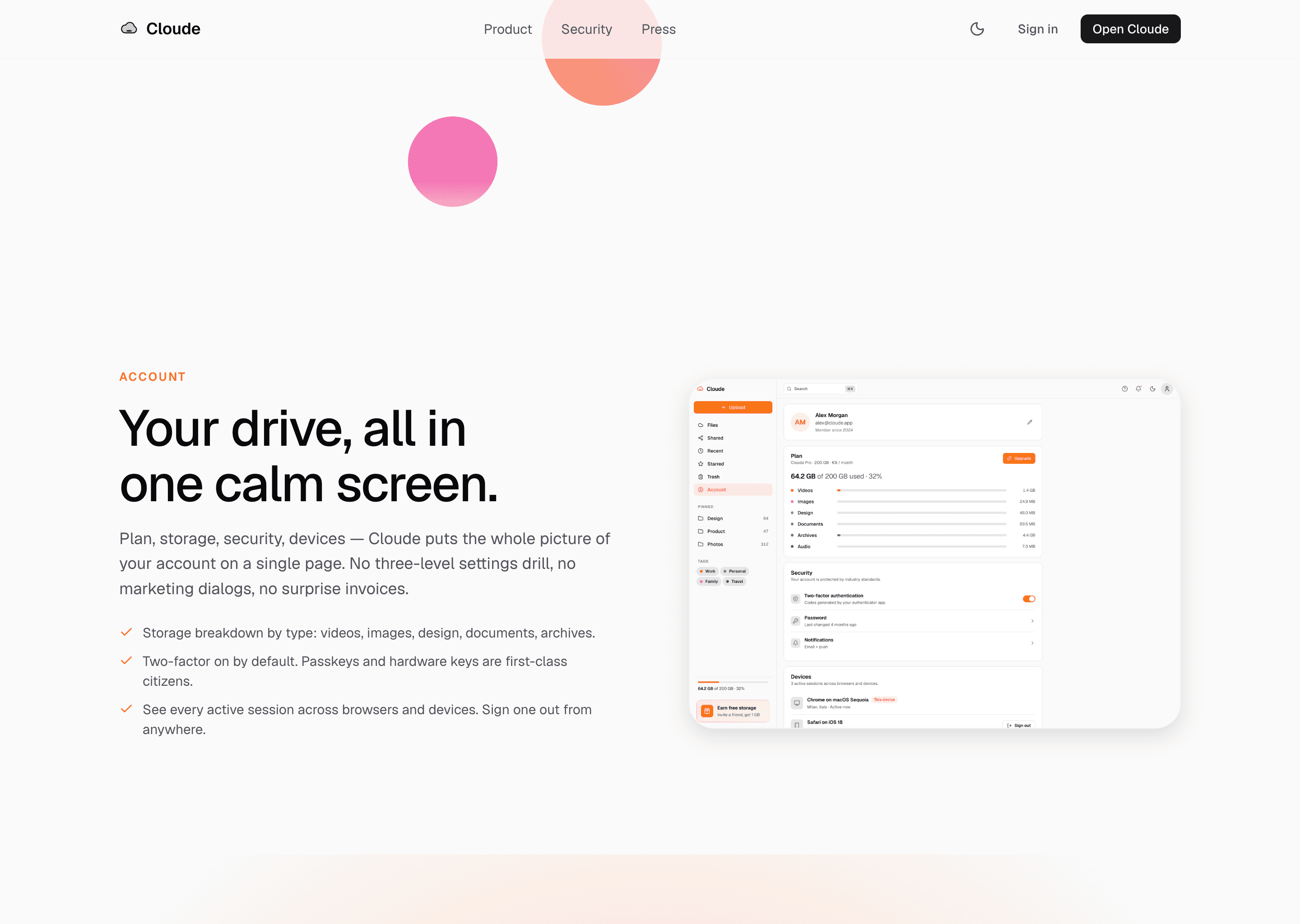 Cloude marketing Account section. Header active state on Security with floating peach and pink blob accents. Section overline ACCOUNT, headline Your drive, all in one screen. Three checkmark bullets about storage breakdown, two-factor on by default and active sessions. Right side shows a desktop-frame screenshot of the Cloude Account page.