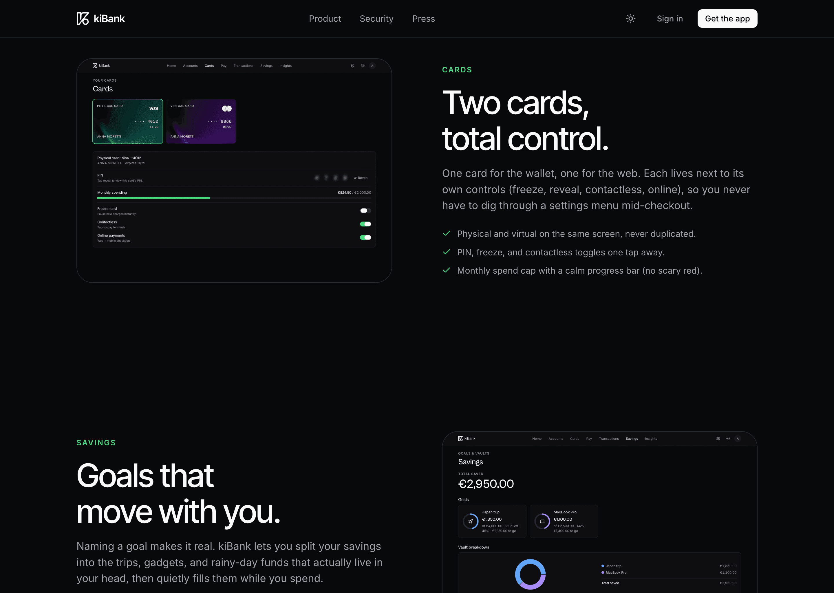kiBank Savings spotlight section with named goals, round-up rules and a desktop screenshot.
