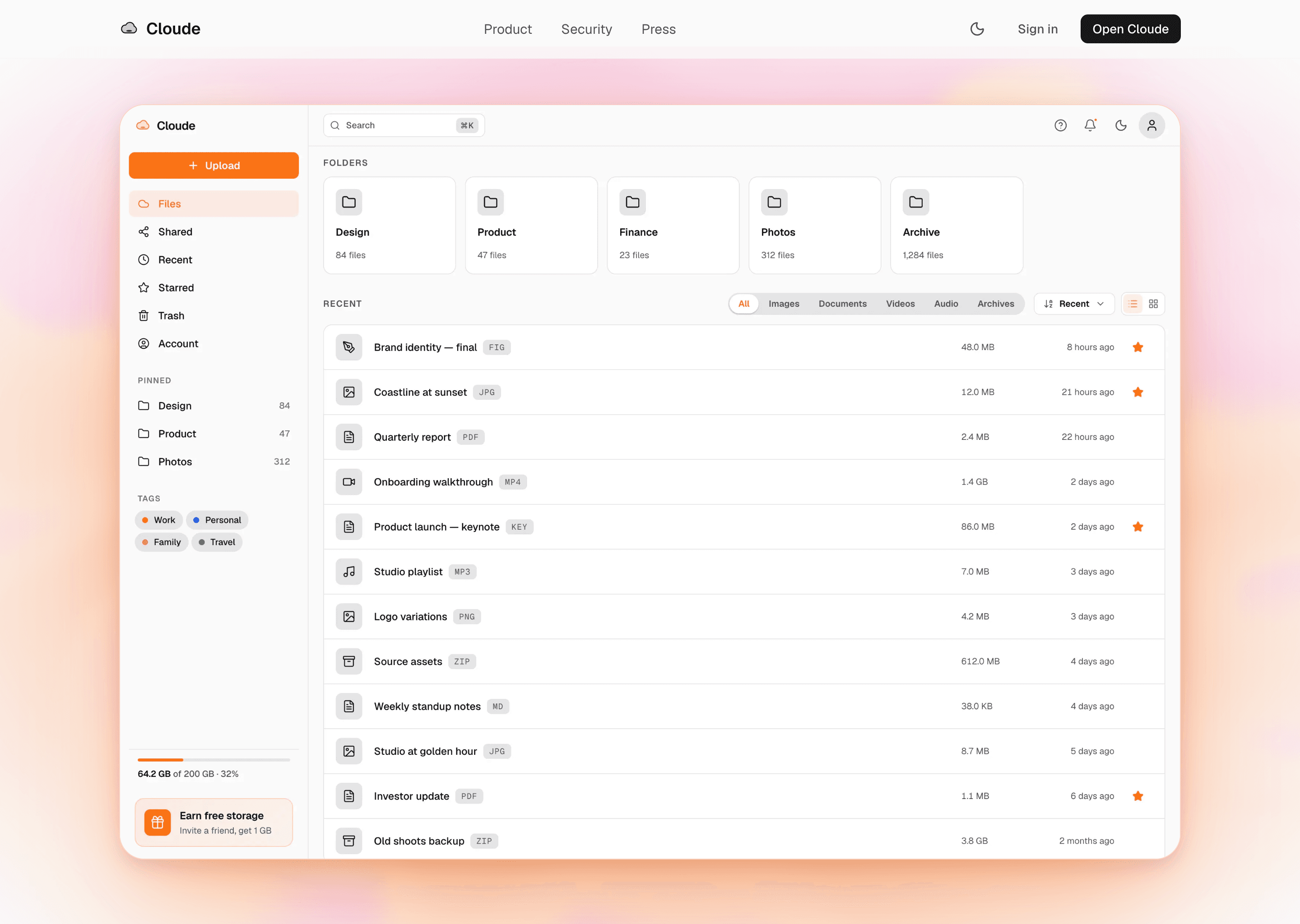 Cloude marketing homepage product showcase. Same header. Below the hero, the live Cloude Files dashboard is rendered full-width on a soft pink-to-peach gradient. Sidebar with Upload button, primary destinations and pinned folders. Folder grid for Design, Product, Finance, Photos, Archive. Recent files list visible.