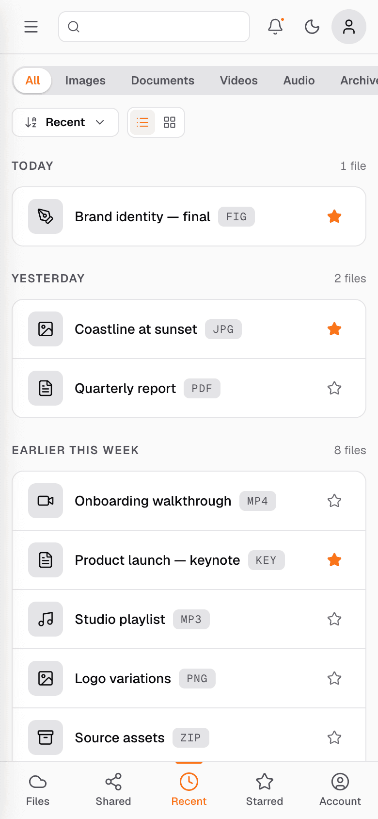 Cloude mobile Recent screen. Files grouped by Today, Yesterday, Earlier this week. Each row shows type icon, filename, format badge and a star toggle. Bottom tab bar with Recent active.