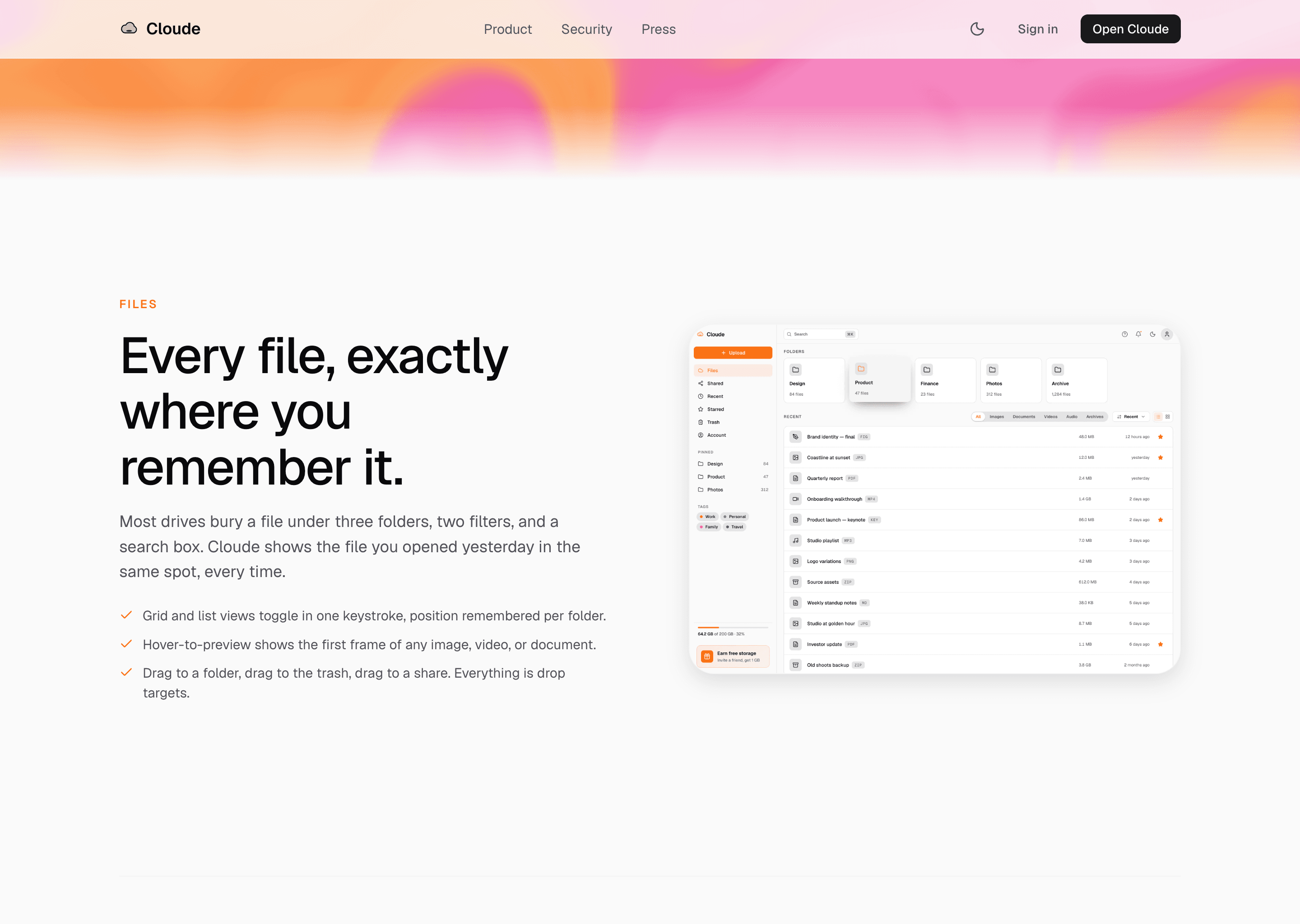 Cloude marketing Files section. Top of frame fades from the orange-pink gradient into white. Section overline FILES, headline Every file, exactly where you remember it. Three checkmark bullets about grid-list toggle, hover-to-preview and drop targets. Right side shows a desktop-frame screenshot of the Cloude Files page.