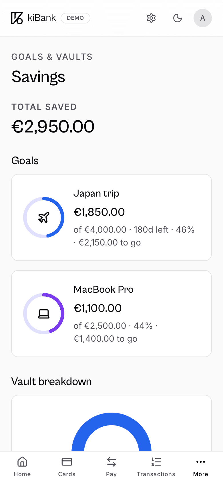 kiBank Savings on mobile in light mode showing the same content adapted to a brighter theme.