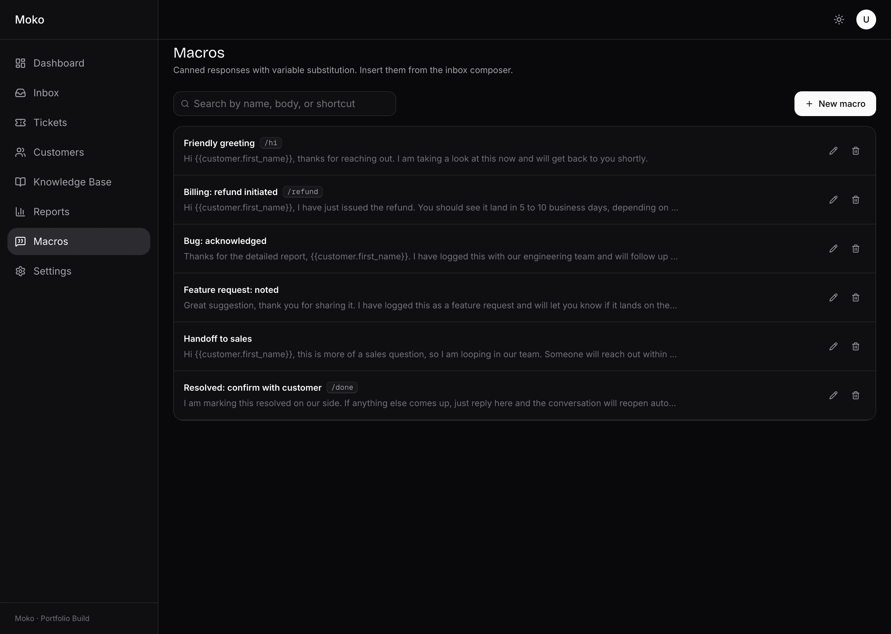 Moko macros page in dark mode. Search field and New macro button. List of six macros with shortcut tags such as /refund and /done. Each row shows an inline preview of the body, with edit and delete icons.