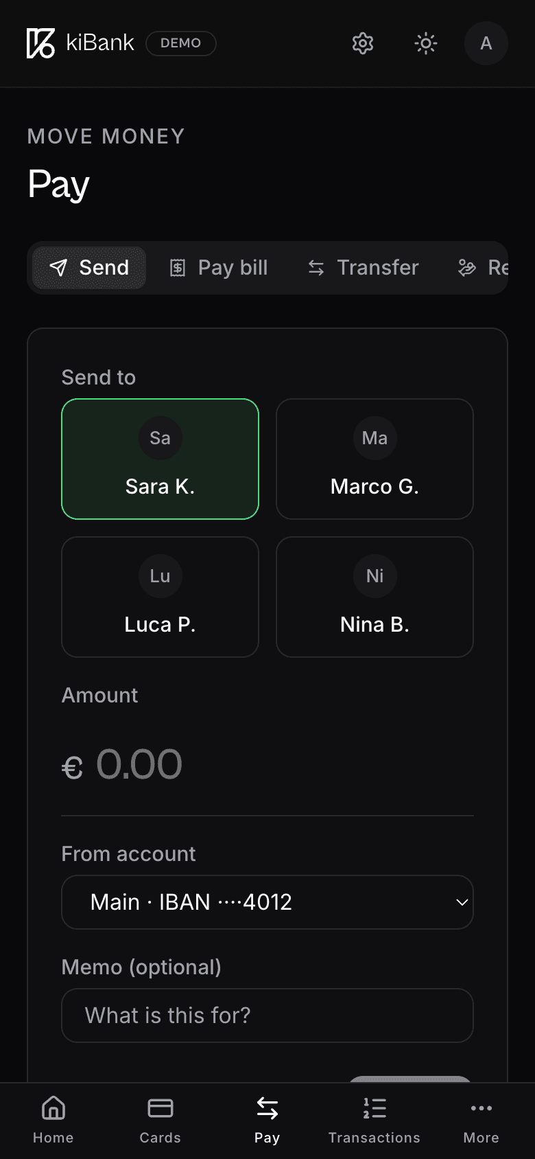 kiBank Pay on mobile with contact selection, amount entry and source account picker.