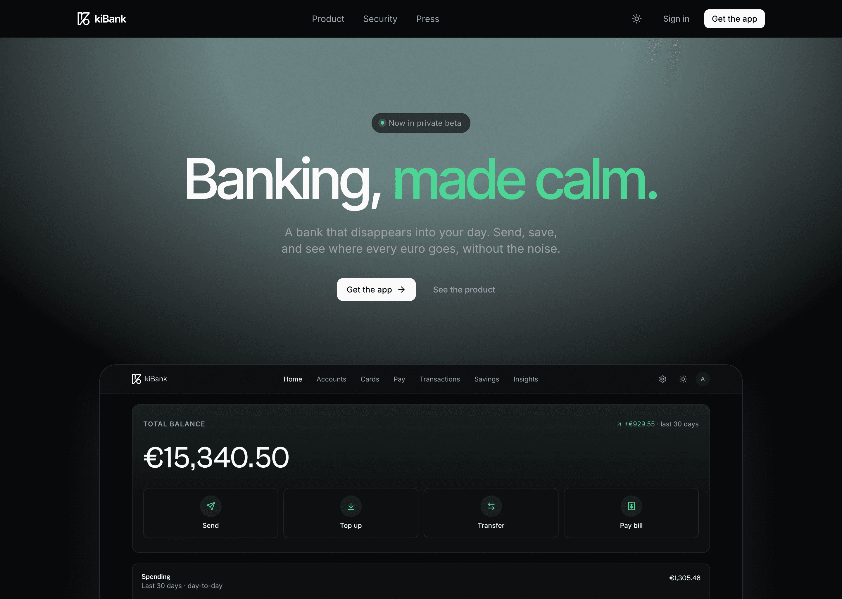 kiBank landing hero with the headline Banking, made calm and a dashboard preview underneath.